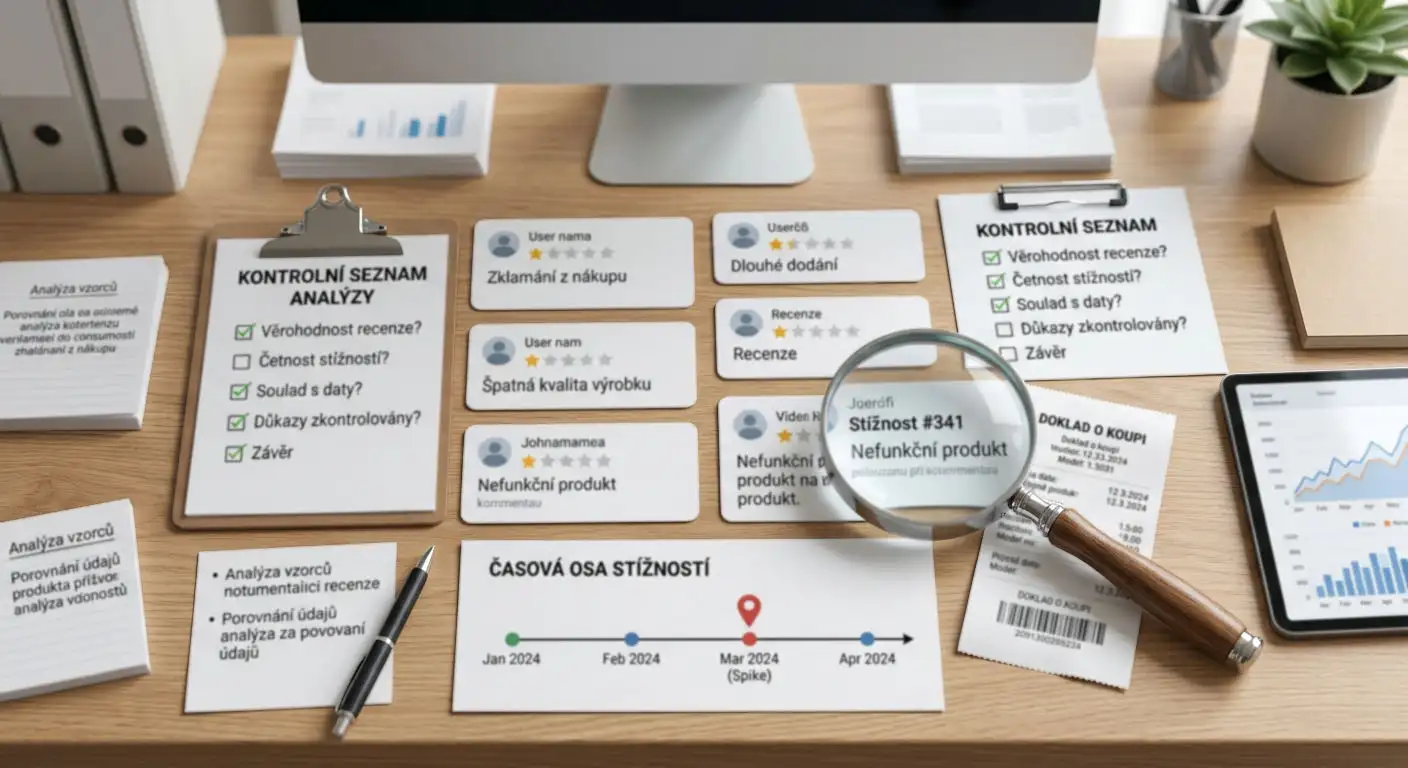 Editorialní ilustrace porovnávání uživatelských recenzí s ověřitelnými podmínkami a časovou osou případu
