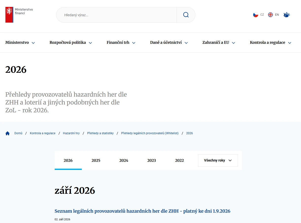 Stránka Ministerstva financí s přehledem legálních provozovatelů hazardních her pro rok 2026
